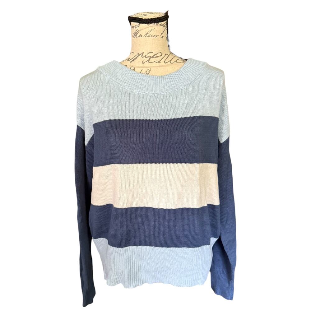 Lucky Brand Blue Striped Knit Cotton Blend Sweater Size Small
